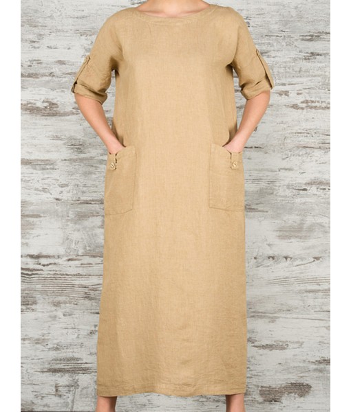 Women Elegant Pure Color Crew Neck Button Back Long Dress