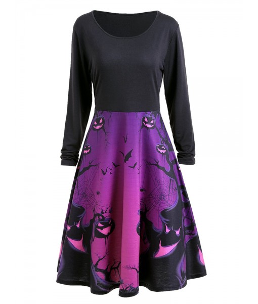 Halloween Pumpkin Horror Print Patchwork Crew Neck Long Sleeve Dress