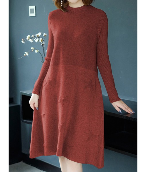 Women Pure Color High Collar Long Sleeve Knitting Dress