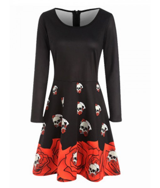 Halloween Women Skull Print O-neck Long Sleeve Vintage Dress