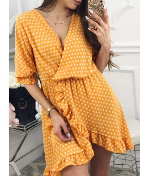 Women Half Sleeve Polka Dot Print Boho Irregular Mini Dress