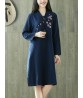 Vintage Women Folk Style Cotton Linen Embroidered Pocket Dress