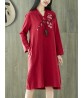 Vintage Women Folk Style Cotton Linen Embroidered Pocket Dress