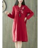 Vintage Women Folk Style Cotton Linen Embroidered Pocket Dress