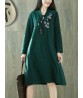 Vintage Women Folk Style Cotton Linen Embroidered Pocket Dress