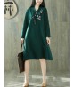 Vintage Women Folk Style Cotton Linen Embroidered Pocket Dress