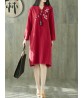 Vintage Women Folk Style Cotton Linen Embroidered Pocket Dress