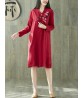 Vintage Women Folk Style Cotton Linen Embroidered Pocket Dress