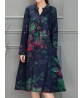 Chinese Style Vintage Floral V-neck Long Sleeve Dress with Pockets