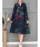 Chinese Style Vintage Floral V-neck Long Sleeve Dress with Pockets