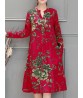 Chinese Style Vintage Floral V-neck Long Sleeve Dress with Pockets