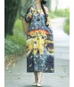 Women Vintage Floral O-neck Long Sleeve Cotton Linen Dress