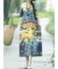 Women Vintage Floral O-neck Long Sleeve Cotton Linen Dress