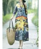 Women Vintage Floral O-neck Long Sleeve Cotton Linen Dress