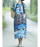 Women Vintage Floral O-neck Long Sleeve Cotton Linen Dress