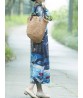 Women Vintage Floral O-neck Long Sleeve Cotton Linen Dress