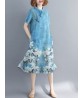 Women Ethnic Style Cotton Stand Collar Short Sleeve Printed Dress