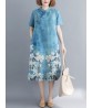 Women Ethnic Style Cotton Stand Collar Short Sleeve Printed Dress