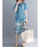 Women Ethnic Style Cotton Stand Collar Short Sleeve Printed Dress