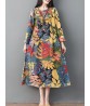 Women Vintage Leaf Print Frog Button Long Sleeve Dress