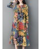 Women Vintage Leaf Print Frog Button Long Sleeve Dress