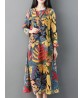 Women Vintage Leaf Print Frog Button Long Sleeve Dress