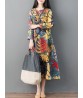 Women Vintage Leaf Print Frog Button Long Sleeve Dress