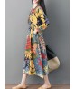 Women Vintage Leaf Print Frog Button Long Sleeve Dress