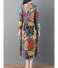 Women Vintage Leaf Print Frog Button Long Sleeve Dress