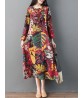 Women Vintage Leaf Print Frog Button Long Sleeve Dress