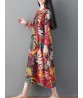 Women Vintage Leaf Print Frog Button Long Sleeve Dress