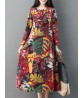 Women Vintage Leaf Print Frog Button Long Sleeve Dress