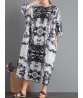 Women Vintage Loose Printed Three Quarter Sleeve Maxi Dress