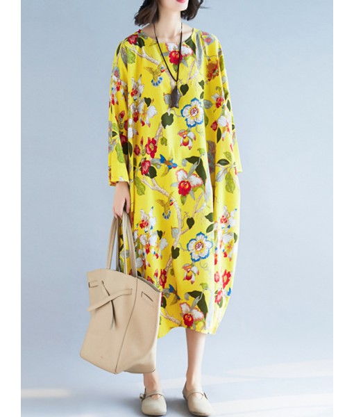 Plus Size Floral O-Neck Long Sleeve Loose Dress With Pockets