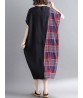 Women Casual Loose Plaid Patchwork Short Sleeves Dress