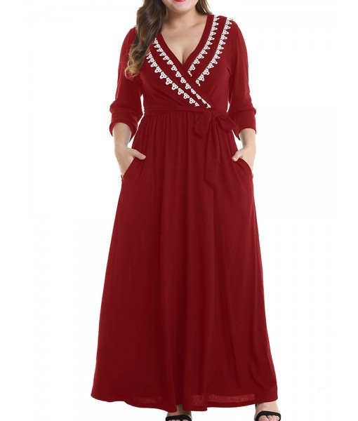 Plus Size V-Neck Pleated Hem Long Sleeve Long Dress