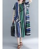 Women Casual O-neck Short Sleeves Striped Loose Dress with Pockets