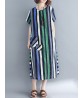 Women Casual O-neck Short Sleeves Striped Loose Dress with Pockets