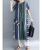 Women Casual O-neck Short Sleeves Striped Loose Dress with Pockets