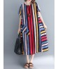 Women Casual O-neck Short Sleeves Striped Loose Dress with Pockets