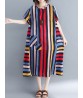 Women Casual O-neck Short Sleeves Striped Loose Dress with Pockets