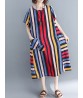 Women Casual O-neck Short Sleeves Striped Loose Dress with Pockets