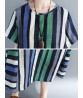 Women Casual O-neck Short Sleeves Striped Loose Dress with Pockets