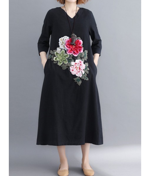 Floral Embroidery A-line V-neck Long Sleeve ...