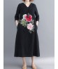 Floral Embroidery A-line V-neck Long Sleeve Maxi Dress