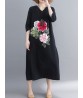 Floral Embroidery A-line V-neck Long Sleeve Maxi Dress