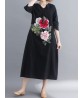 Floral Embroidery A-line V-neck Long Sleeve Maxi Dress