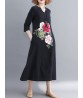 Floral Embroidery A-line V-neck Long Sleeve Maxi Dress