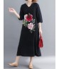 Floral Embroidery A-line V-neck Long Sleeve Maxi Dress