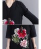 Floral Embroidery A-line V-neck Long Sleeve Maxi Dress